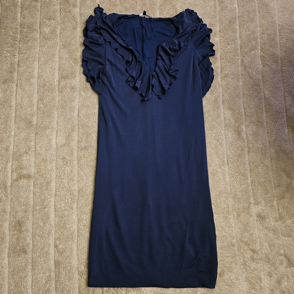 Gucci Navy Ruffle Dress with ruffle sleeves and collar